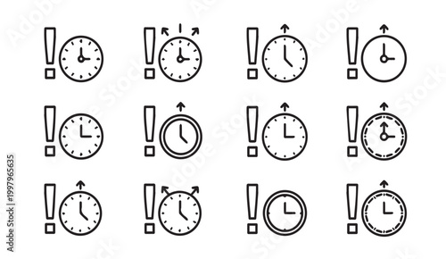 Clock Icons with Exclamation Marks Showing Time Management and Urgency Concepts