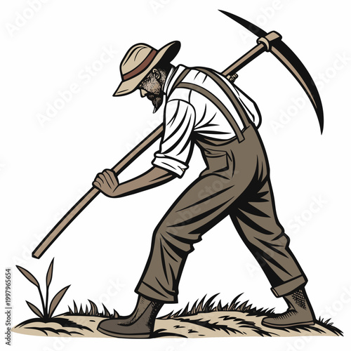 Man with beard using pickaxe agriculture farming