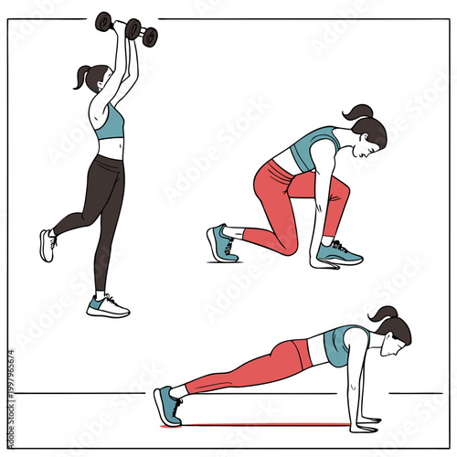 Woman performing various exercises fitness athletic