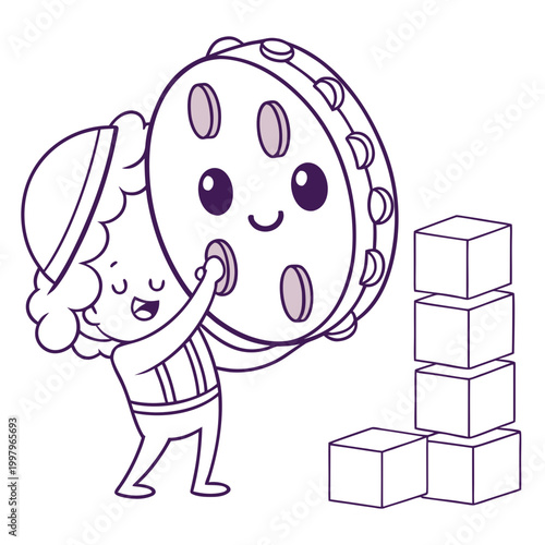 Cartoon kid holding large tambourine blocks purple