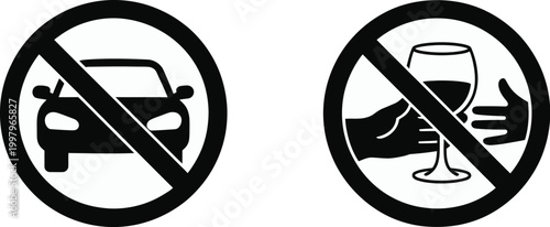 Do Not Drink and Drive Warning Signs Set, Prohibition Symbols with Alcohol and Car Restriction Icons, Road Safety Awareness Concept, Modern Flat Vector Illustration