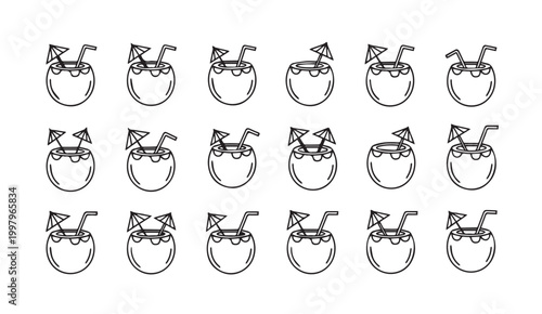 Coconut drinks with straws and umbrellas arranged in a grid pattern for a refreshing tropical theme