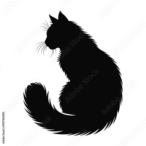 Black silhouette of a fluffy cat with curled tail long fur