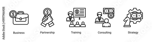 Business consulting icon set featuring partnership,training,consulting,and strategy icons.Ideal for corporate and professional services.