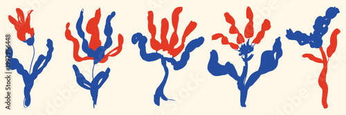 Wildflower Abstract Scandinavian Floral Set in Red and Blue, Modern Folk Art Style Flowers and Leaves, Decorative Spring Design for Stationery, Textile Prints, Vector Illustration