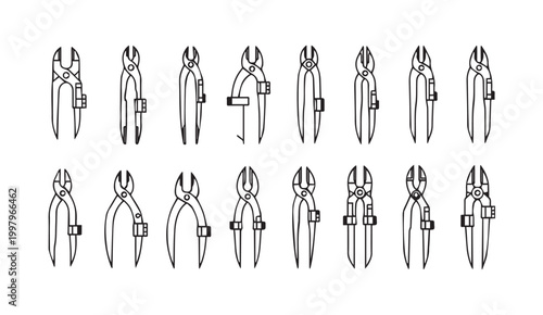 Collection of dental pliers in a clean line art style for dental industry concepts