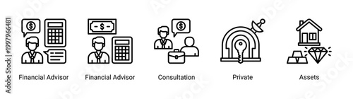 Advisory icon set featuring financial advisor,consultation,private,and asset icons.Suitable for wealth management and consulting services.