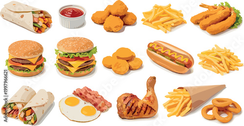 Set of Hand-Drawn Fast Food Items Including Burgers, Fries, Chicken, Hot Dogs, and Wraps for Culinary and Snack Content