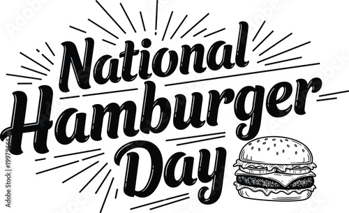 National hamburger day typography design with a hand drawn sketch of a delicious cheeseburger for food promotion