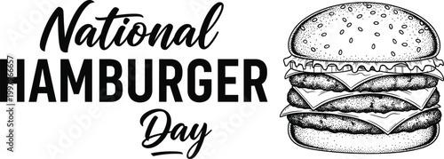 National hamburger day typography design with a detailed hand drawn illustration of a delicious double cheeseburger