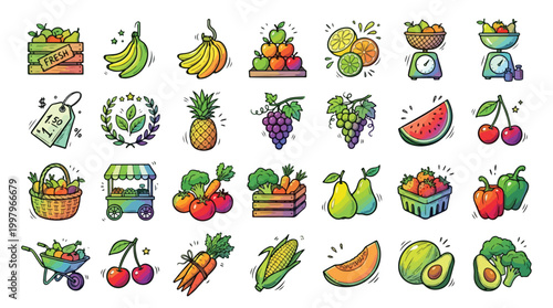 Hand-drawn doodle-style collection of fresh fruit and vegetable icons featuring grocery market stalls, produce crates, organic food baskets, price tags, and scales in a vibrant colorful set.