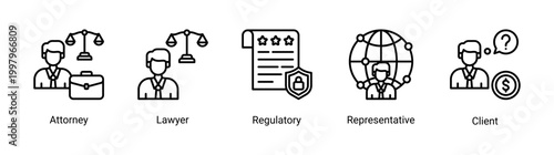 Legal service icon set with lawyer,client,and regulatory icons.Perfect for law firms and corporate legal services.