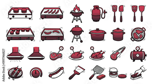Hand-drawn doodle-style Barbecue and Grilling Icon Set featuring outdoor cooking equipment like griddles, charcoal grills, propane tanks, spatulas, meat thermometers, steaks, and burgers.