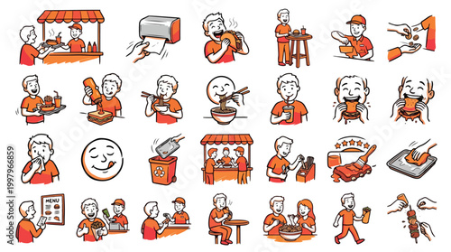 Hand-drawn doodle-style street food and fast food icons set featuring customers eating burgers, tacos, noodles, and hot dogs, food stall vendors, payment scenes, hygiene symbols in orange.