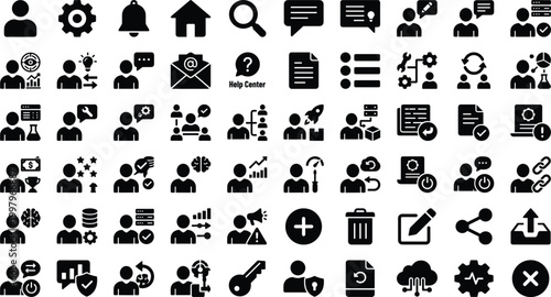 User Interface and Business Management Icon Set Featuring Profiles, Communication, Help Center, Analytics, Workflow and System Settings Concepts
