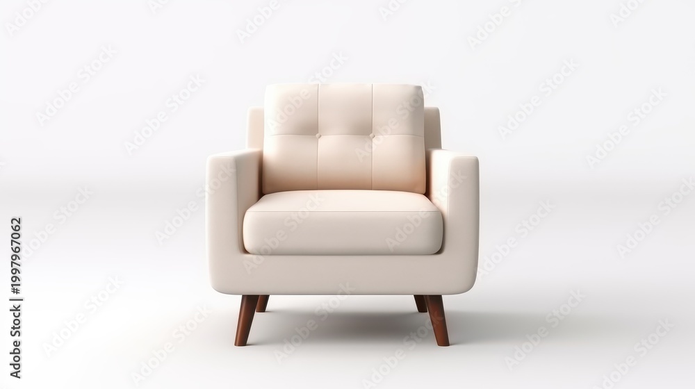 Fototapeta premium Modern cream upholstered armchair with wooden legs against white background.