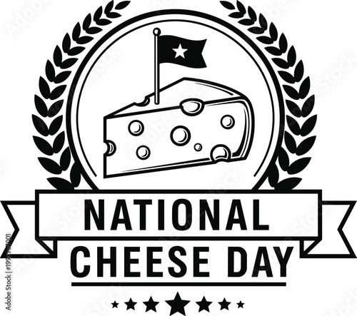 National cheese day logo badge featuring a slice of swiss cheese with holes and a laurel wreath frame design