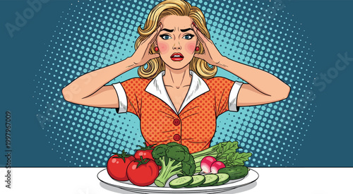 Retro Pop Art Illustration of a Woman Stressed by a Plate of Vegetables for Health, Food, and Diet Content