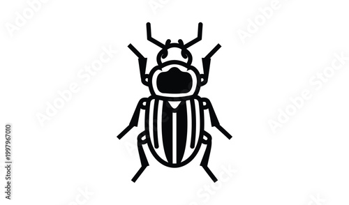Detailed black and white illustration of a beetle, showcasing its intricate body structure, antennae, and legs, isolated on a white background.