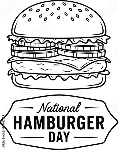National hamburger day badge with a detailed line art illustration of a fresh burger with lettuce and onions