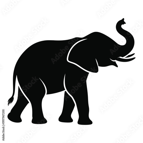 Black silhouette of an elephant with trunk raised white background