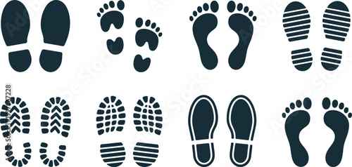 Footprint Icons Collection Featuring Human Footprints, Shoe Prints, Boot Prints and Sole Silhouettes, Isolated Vector Set for Tracking, Nature and Design Projects