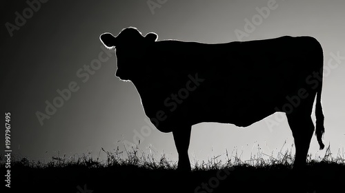Black silhouette of cow standing in grassy field against bright sky.