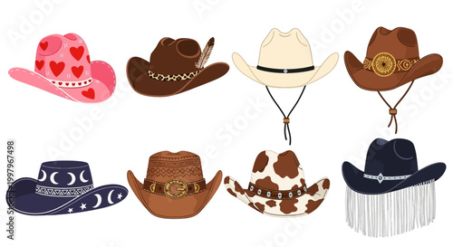 Western Cowboy Hats, Vector Rodeo Hats, Cowgirl Hat Illustrations, 8 Western Headwear Icons