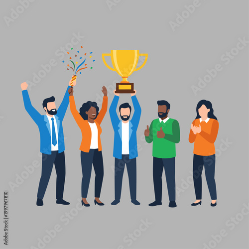Diverse group celebrating with trophy.