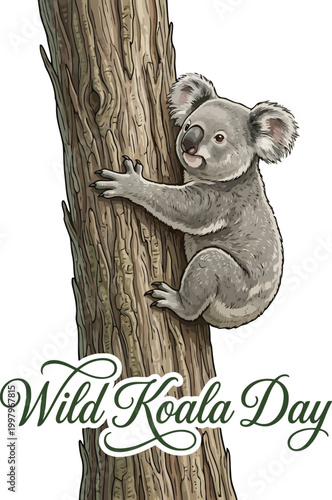 Cute koala bear climbing a eucalyptus tree for Wild Koala Day celebration illustration