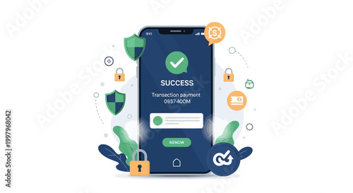 A smartphone with a green checkmark on the screen surrounded by security icons.