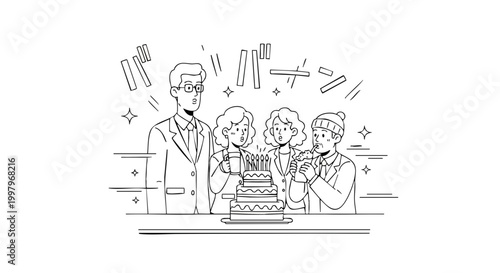 Business People Celebrating Birthday with Cake Manga Style Vector
