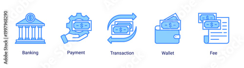 Banking icon set featuring payment,transaction,wallet,and fee icons.Suitable for fintech apps and digital financial services.