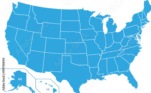 Canvastavla Solid blue vector map of the United States of America featuring white state bord