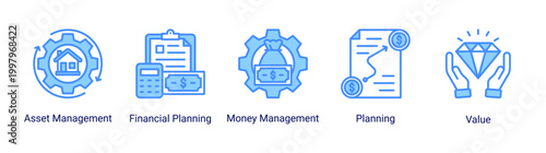 Financial planning icon set featuring asset management,money management,and planning icons.Suitable for financial advisory and business planning.