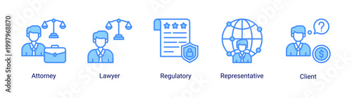 Legal service icon set with lawyer,client,and regulatory icons.Perfect for law firms and corporate legal services.