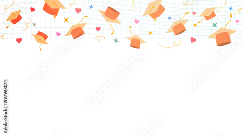 Graduation cap design with blue mortarboards, yellow balloons, and confetti. Isolated vector illustration on transparent background, perfect for festive frames, banners, and school celebration decor