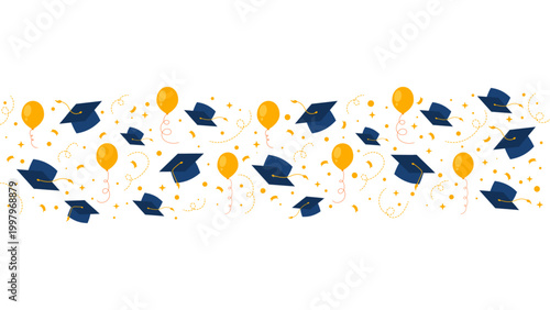 Graduation cap design with blue mortarboards, yellow balloons, and confetti. Isolated vector illustration on transparent background, perfect for festive frames, banners, and school celebration decor