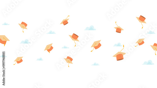 Graduation cap design with blue mortarboards, yellow balloons, and confetti. Isolated vector illustration on transparent background, perfect for festive frames, banners, and school celebration decor