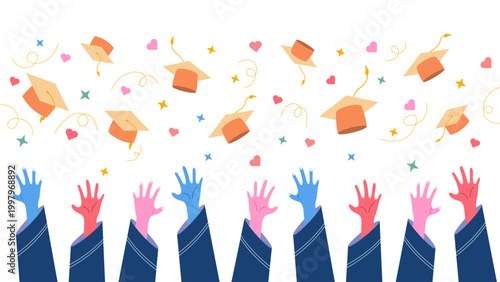 Happy graduates throwing caps in the air. Colorful flat vector illustration of student hands celebrating graduation ceremony, isolated on transparent background
