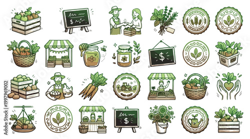 Hand-drawn Doodle Style Farmer's Market and Organic Food Icon Set Featuring Fresh Produce, Market Stalls, Local Farmers, Garden Tools, and Grocery Product Stickers for Sustainable Retail