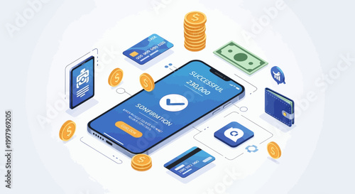 Mobile phone with various financial icons.