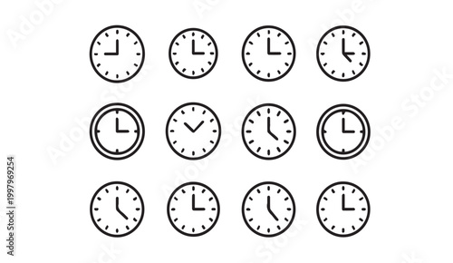 Collection of minimalist clock icons showing different times against a white background