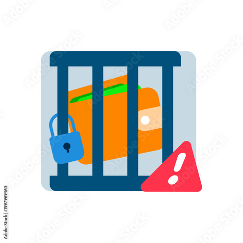 Vector illustration of wallet locked inside prison cell. extreme saving, strict budgeting, financial restriction, limited spending. Concept of money control, financial discipline, cash flow limitation