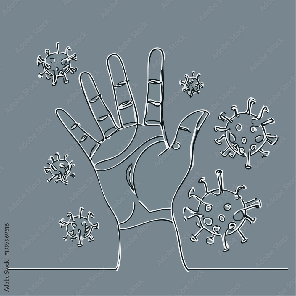 Naklejka premium Human Hand Surrounded by Microscopic Virus Particles.