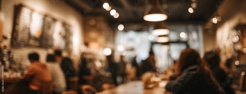 Obraz premium Blurred bustling coffee shop with people waiting at the counter 