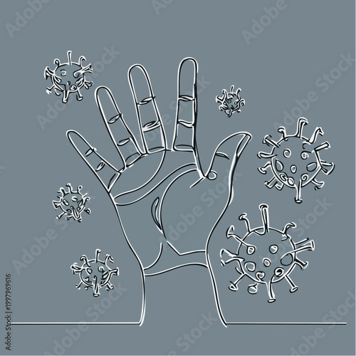Human Hand Surrounded by Microscopic Virus Particles.