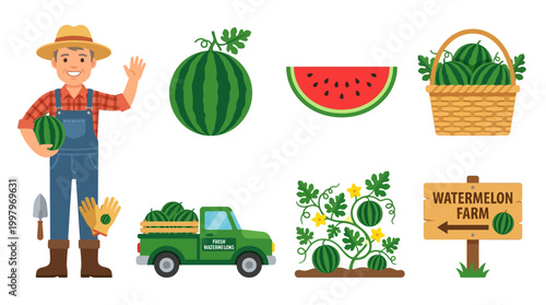 Friendly farmer holding a watermelon with a collection of fresh fruit items including a truck, basket, sign, and garden plants