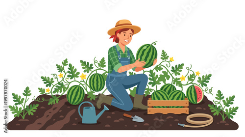 Cheerful farmer wearing a straw hat harvests ripe watermelons from a lush garden patch