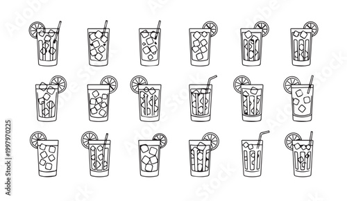 Collection of Refreshing Hand Drawn Cocktails with Citrus Garnish and Straws